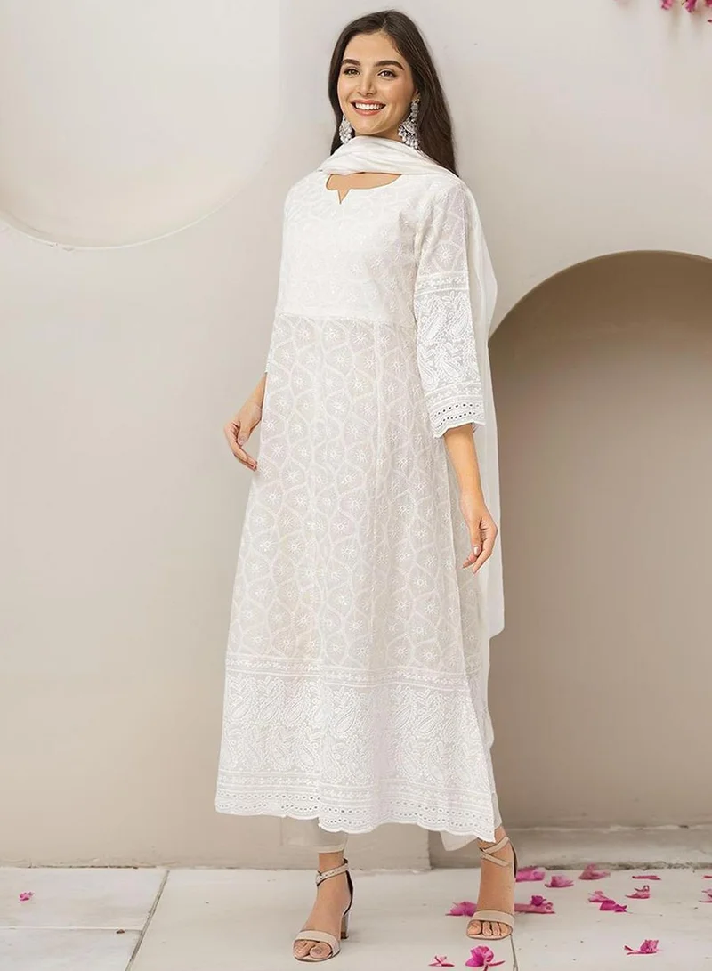 ISHIN  Women's Off White 100% Cotton Embellished Tunic Full Length Casual Straight Fit Kurta Set for Women | Best Price UAE
